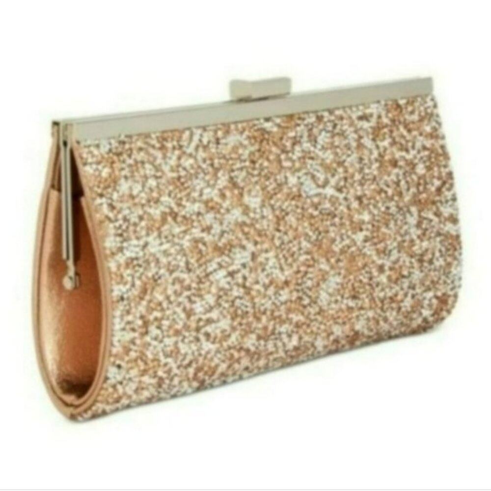 INC Lexy Minaudiere Clutch Rose Gold Sparkle Evening Bag Wedding Formal Prom